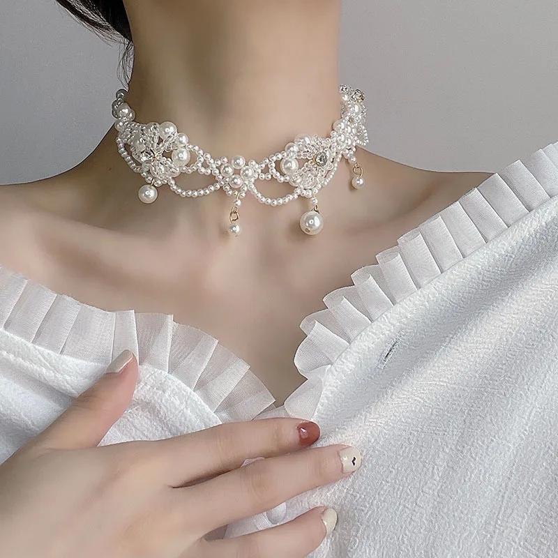 

Retro Baroque Style Small Pearl Tassel Multi-layer Short Clavicle Chain Necklace for Women Girl Choker