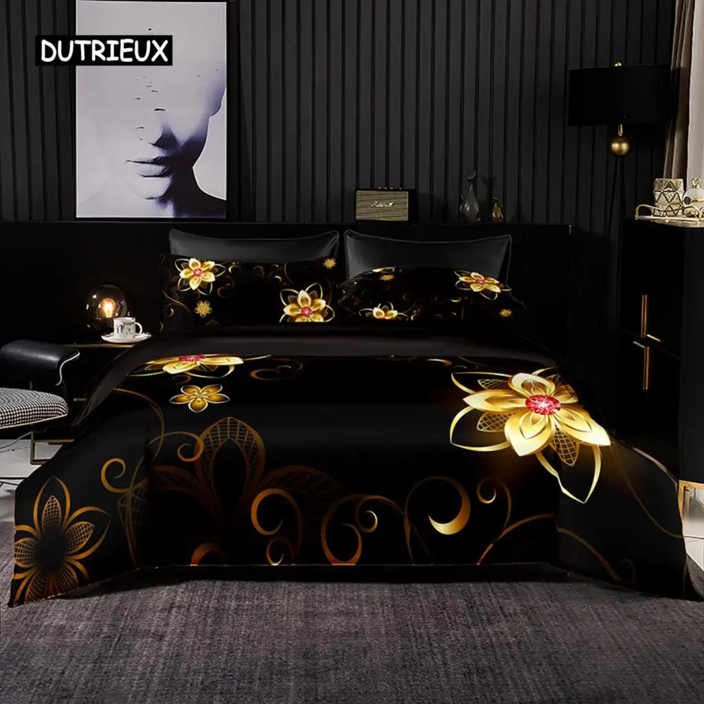 

Пододеяльник, текстурированный черный золотой цветочный узор, постельное белье, наволочки для премиум черного цвета, для взрослых, мужчин и женщин, подарки, украшение для спальни