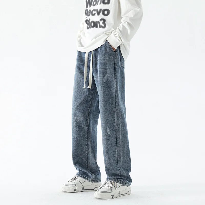 Blue Baggy Jeans Men Fashion Drawstring Casual Straight Jeans Men Streetwear Hip-hop Loose Denim Pants Mens Trousers S-3XL