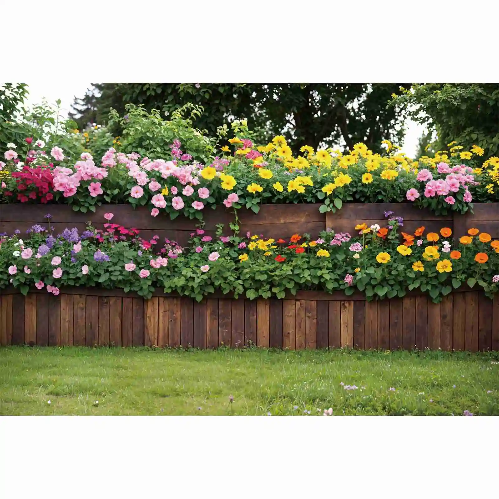 

Flowers Garden Wooden Fence Photography Backdrops Spring Party Blossom Floral Wall Grassland Personalized Kids Photo Background