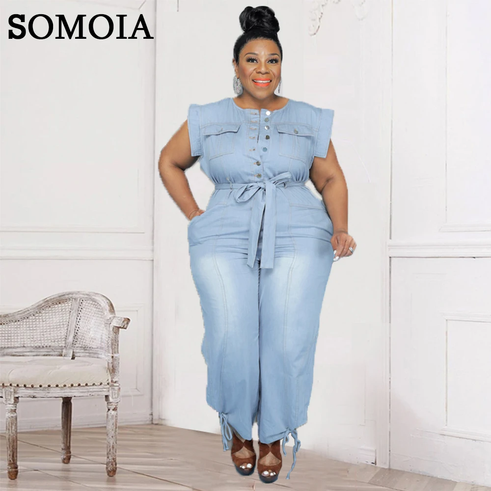 

Plus Size Women Clothing Summer Denim Jumpsuit Washed Jeans Romper Buttons Jump Suit Cowboy Wide Leg Pant Jumpersuit Streetwear