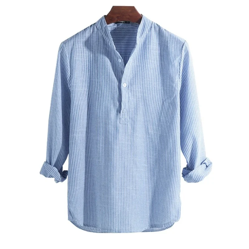 Helisopus Cotton Long Sleeve Men's Shirt Autumn Striped Slim Fit Stand Collar Shirt Male Clothes Plus Size 5XL Camisa Masculina