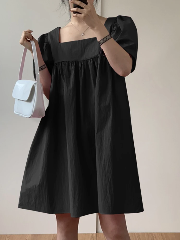 

VONDA Y2K 2022 Ladies Casual Polyester Vestido Stylish Spring Sexy Square Neck Mini Dress Women Short Sleeve Solid Party Dresses