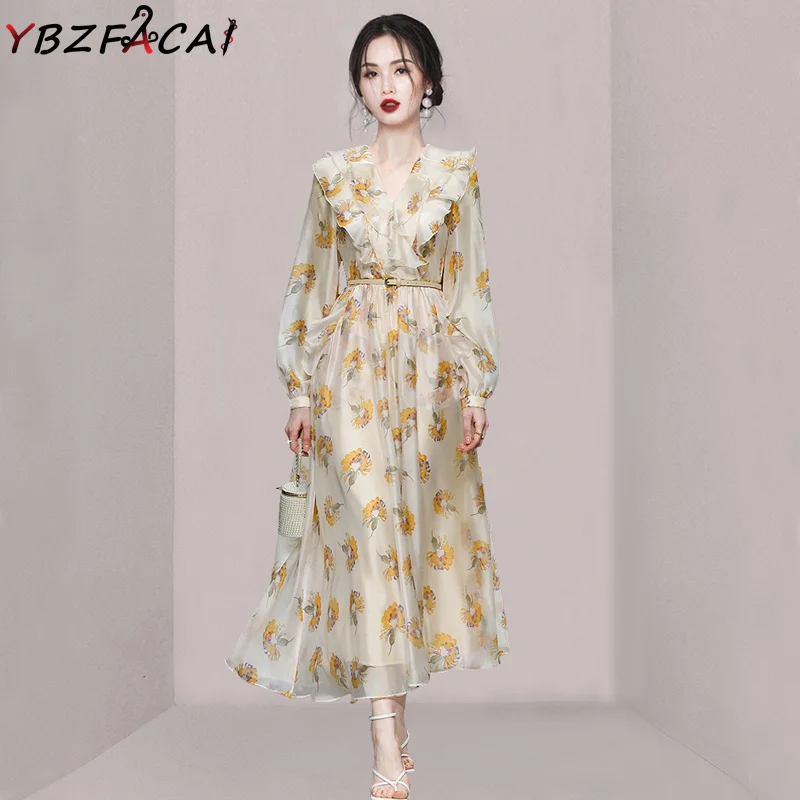 

Женское платье с цветочным принтом, длинное платье во французском ретро-стиле с оборками, V-образным вырезом и высокой талией, свободное пла...