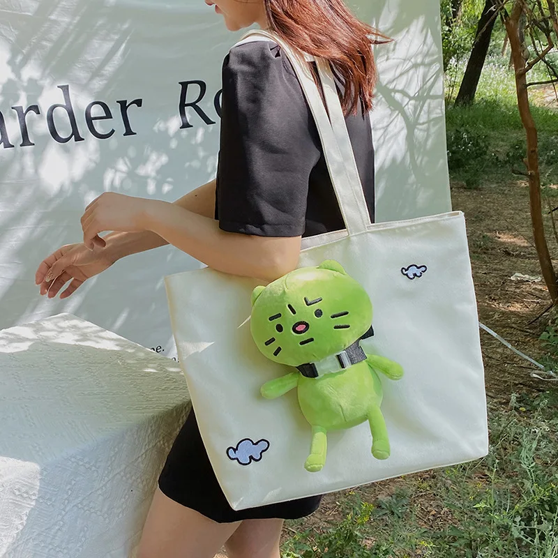 Cartoon Cute Plush Toys One Shoulder Large Bag for Women 2023 New Fashion Student Canvas Shopping Simple Handheld Tote Bag