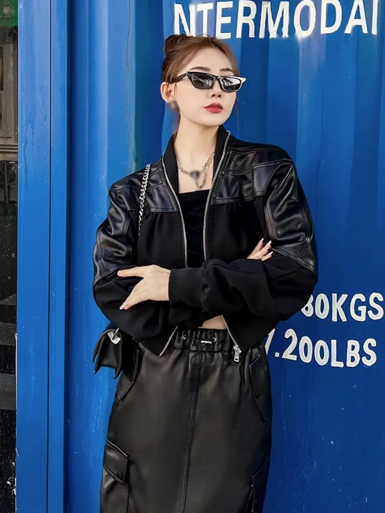 

2023 High Street Women Stand Collar Patchwork Genuine Leather Jacket Fashion Slim Fit Spring Autumn Long Sleeve High Waist Short