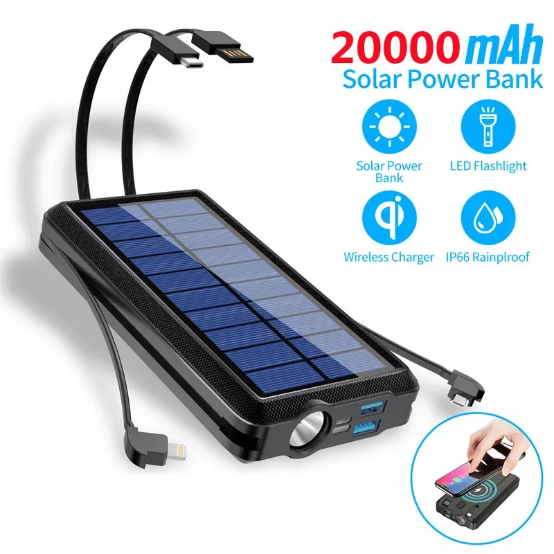 

2023NEW Solar Power Bank Wireless Fast Charging Large Capacity Portable Led Flashlight Power Bank Mobile Phone Battery External