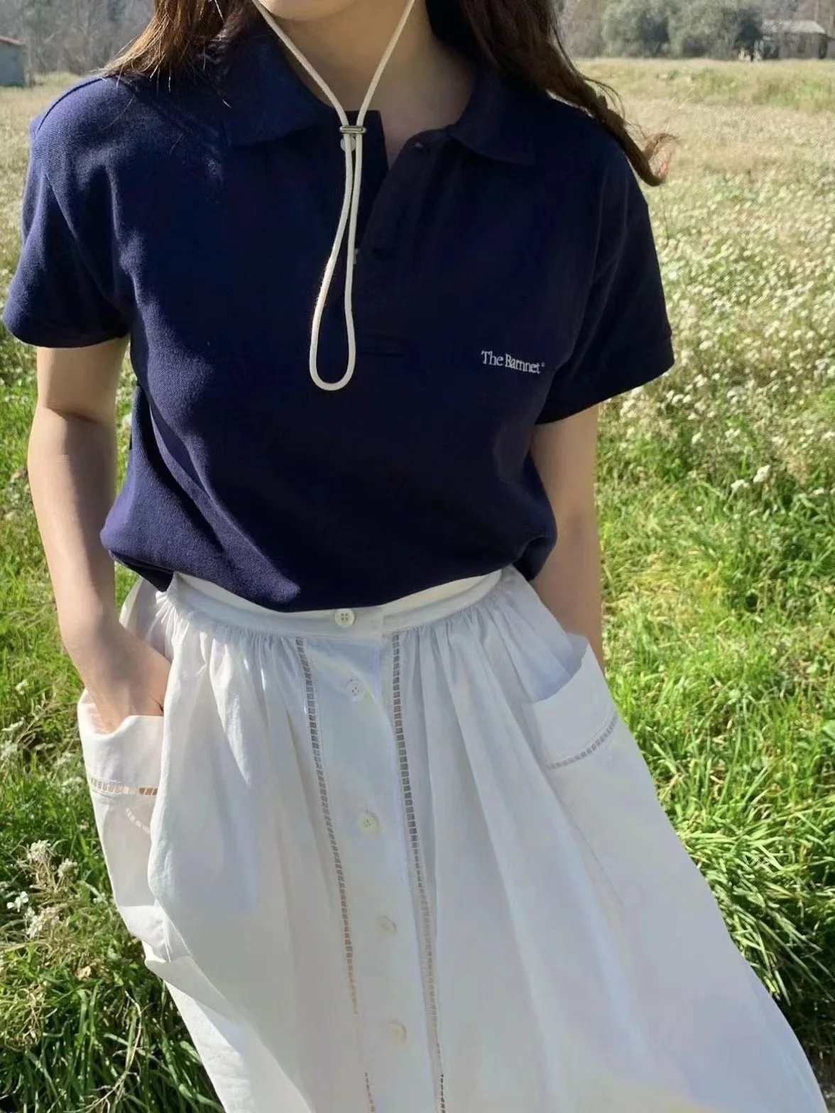South korea the Barnnet Eight Milk Small Letter Embroidery Button Polo Lapel Loose Casual Short sleeve T-shirt Women