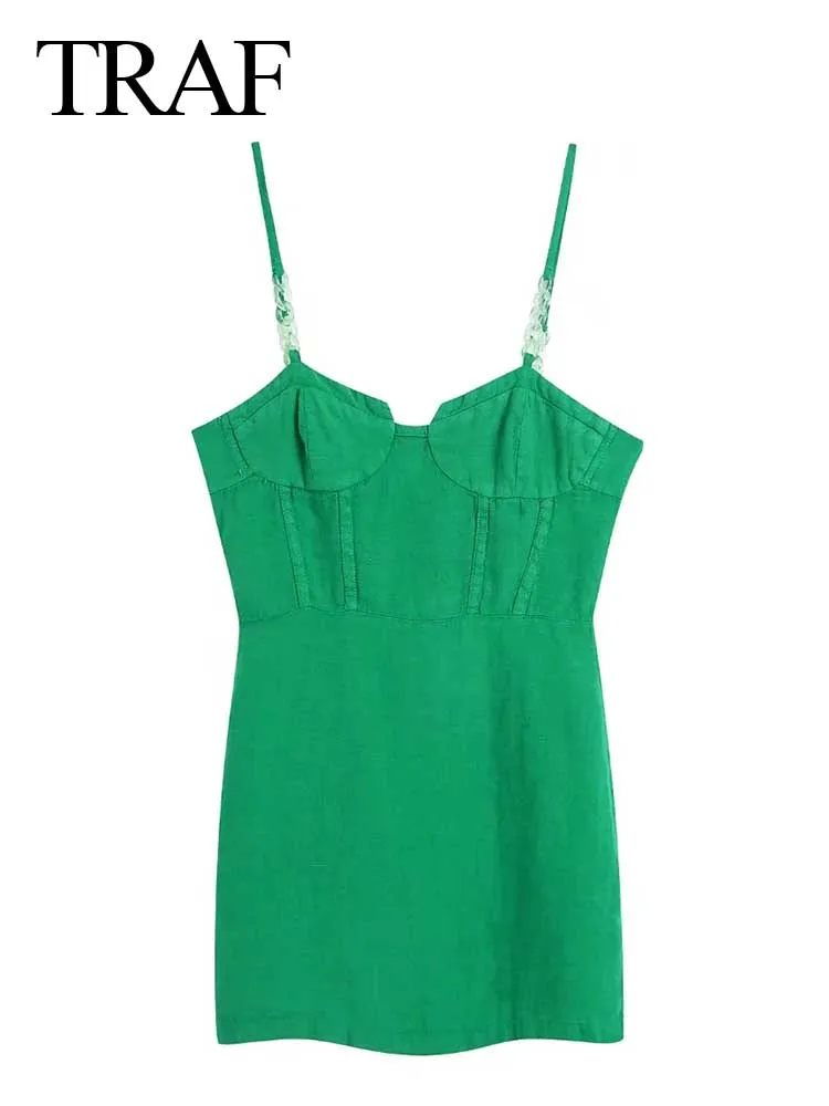 

TRAF Low Cut Sexy Senior Green Slim Fit Women's Dress Fashion Transparent Chain Elements Shoulder Straps Lady Sling Dress
