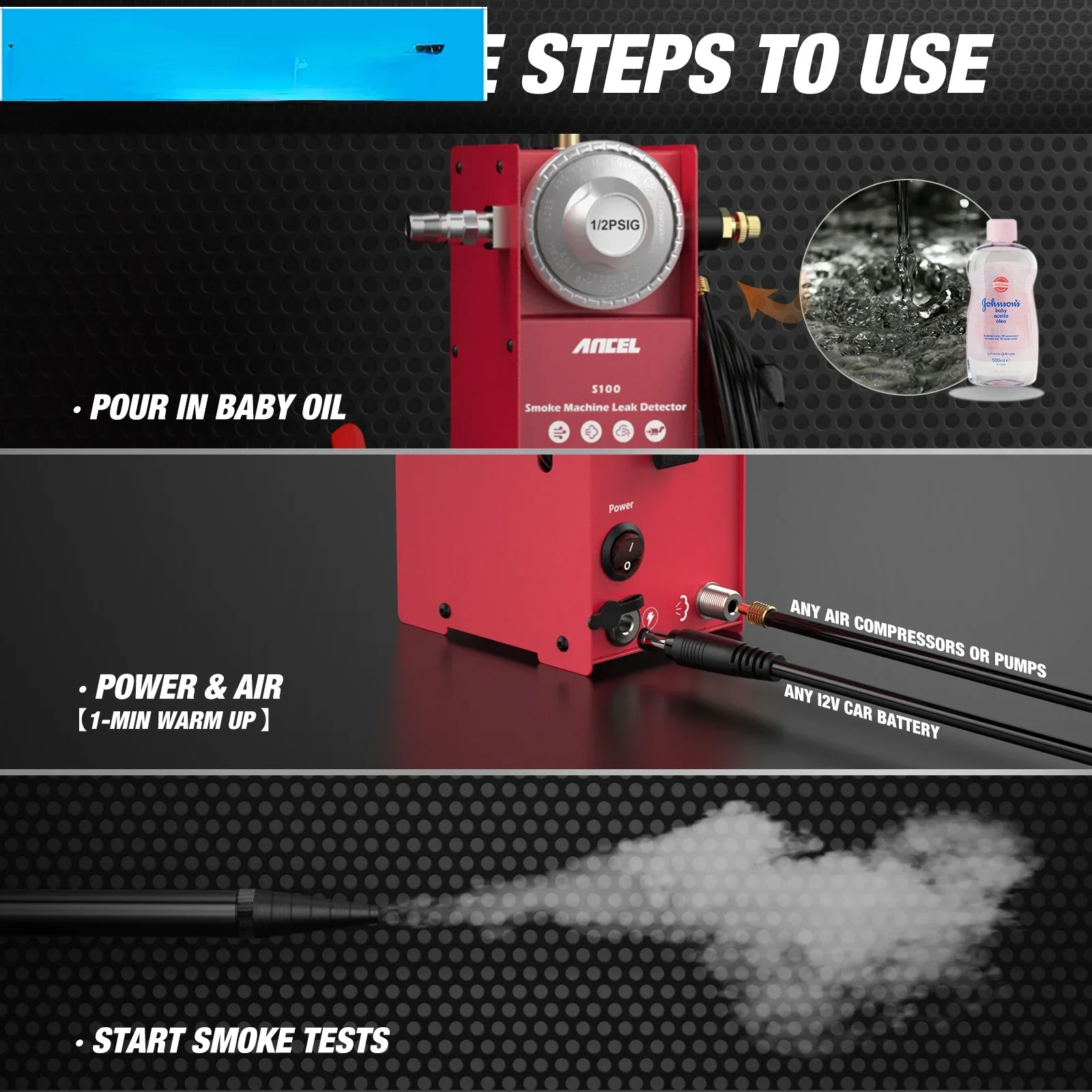 ANCEL S100 Автомобильный детектор утечки дыма EVAP Трубный генератор анализатор газа