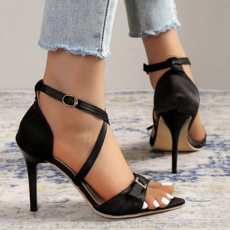 

Women's Luxury Sandals Summer New Black PU Open Toe Stiletto Sandal Concise High Heels Women Pumps Ankle Straps Designer Shoes