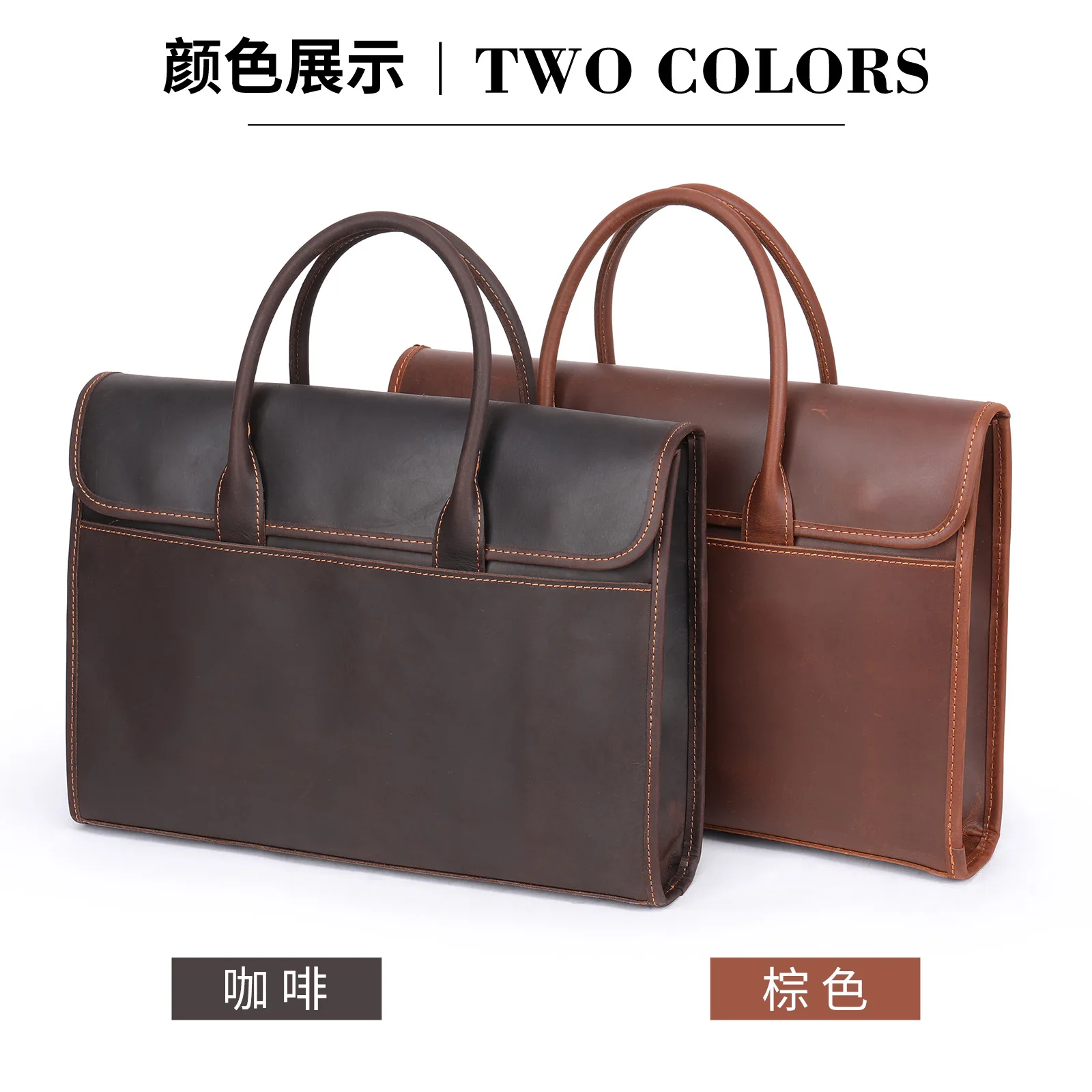 Spring 2023 new crazy horse leather official bag leather large capacity men's handbag personality sedate business briefcase W107