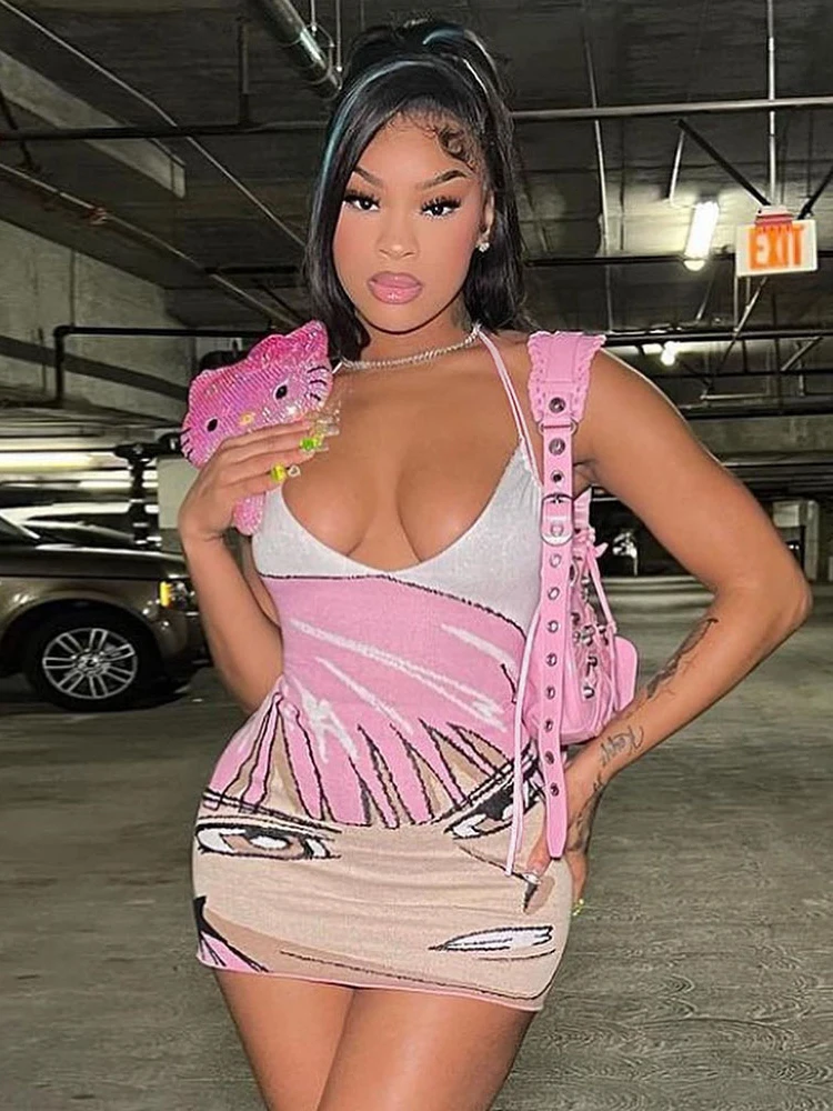 

Sifreyr Cartoon Printed Y2K Sexy Mini Dress Women Fashion Backless Halter Bodycon Dresses Casual Streetwear Party Summer Dress