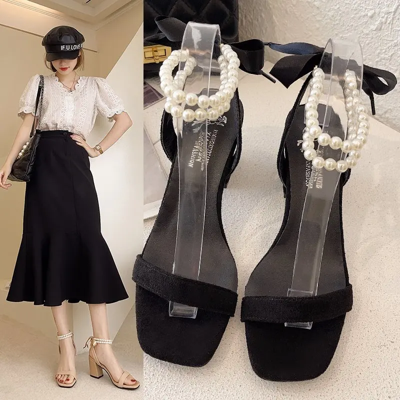 

New Sandals Women 2023 Fashion Open Toed Heels Women Pearl Lace Up Women Shoes Party Wedding Chunky Heels Pumps Dress