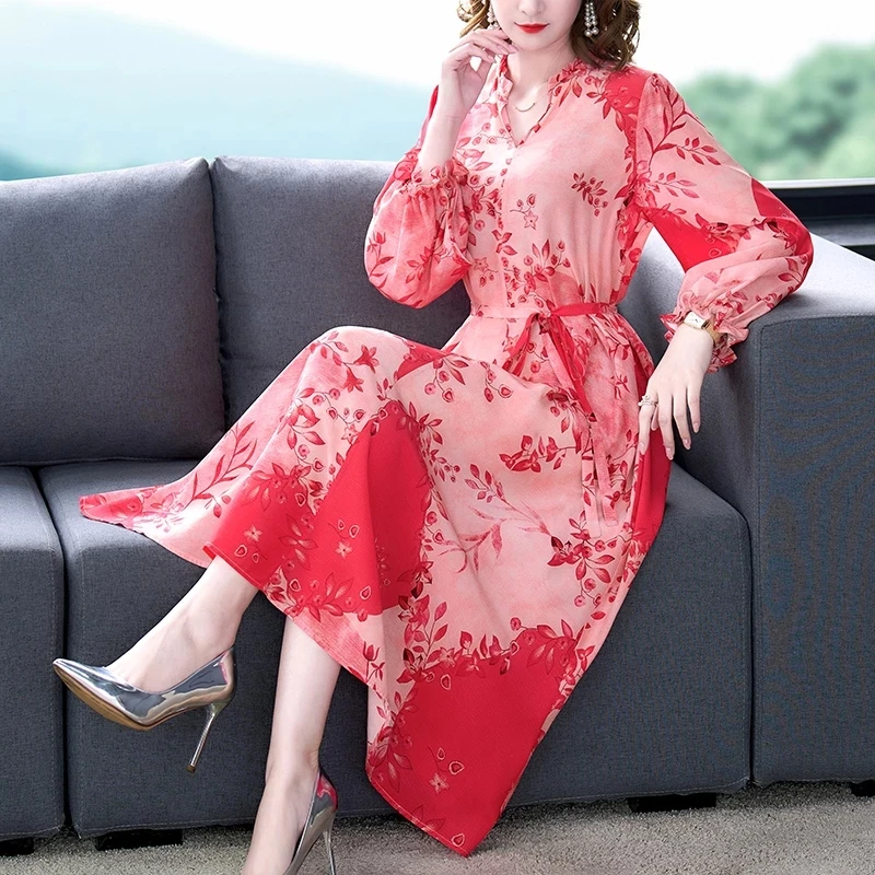 

2022 Spring Summer Red Floral Chiffon Midi Dress Women Boho Fashion Light Casual Beach Sundress Korean Elegant Bodycon Vestidos
