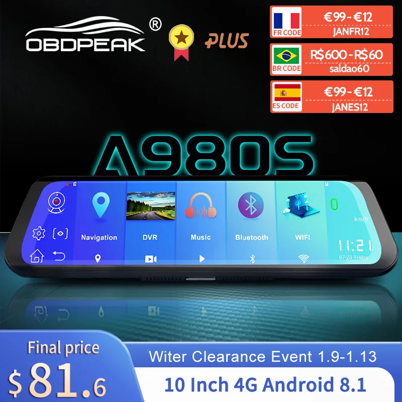 Автомобильный видеорегистратор A980s 4G 10 дюймов Android 8 1 зеркало заднего вида FHD 1080P