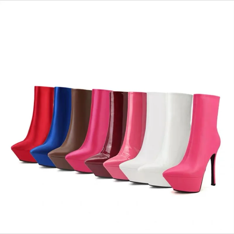 2023 New Brand Patent Leather Women's Ankle Boots Platform Thin Heels Pointed Toe Sexy Female Booties Zip Fashion Women Shoes