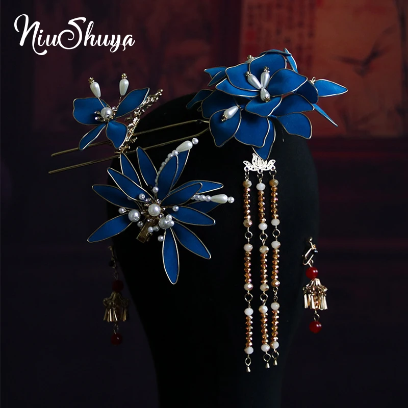 NiuShuya новый китайский Винтажный стиль Шелковый синий цветок с кисточкой Свадебные аксессуары для волос Hanfu костюм свадебные ювелирные изделия