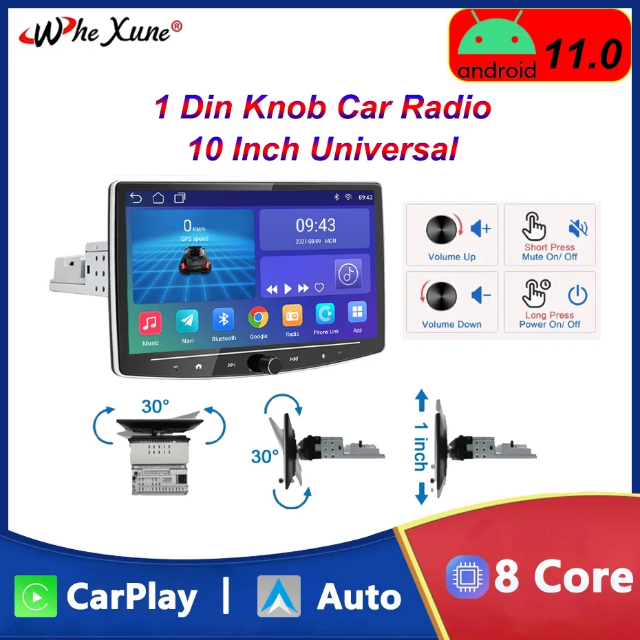 

10 Inch 1 Din Car Radio Multimedia Player Android Knob Touch Screen Carplay GPS Navigation Rotatable Stereo Universal Head Unit