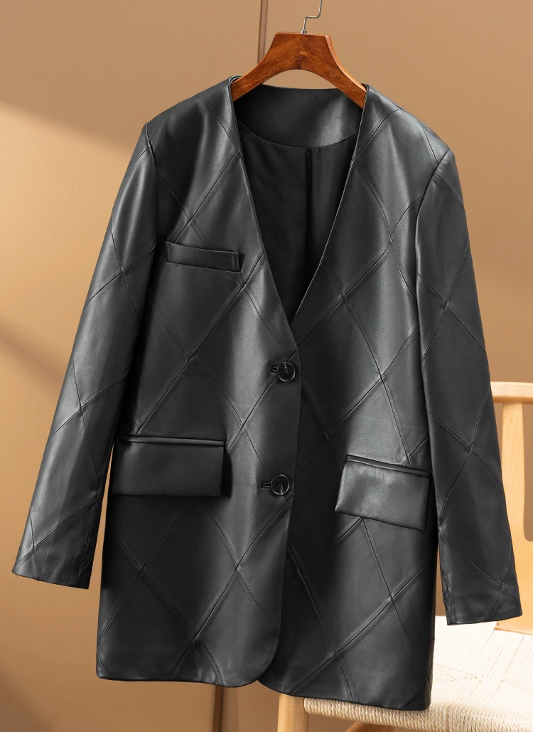 Winter High Quality Sheepskin Genuine Leather Jacket Women  Autumn/Winter  Single Breasted  Leather & Suede  V-Neck  Blazers