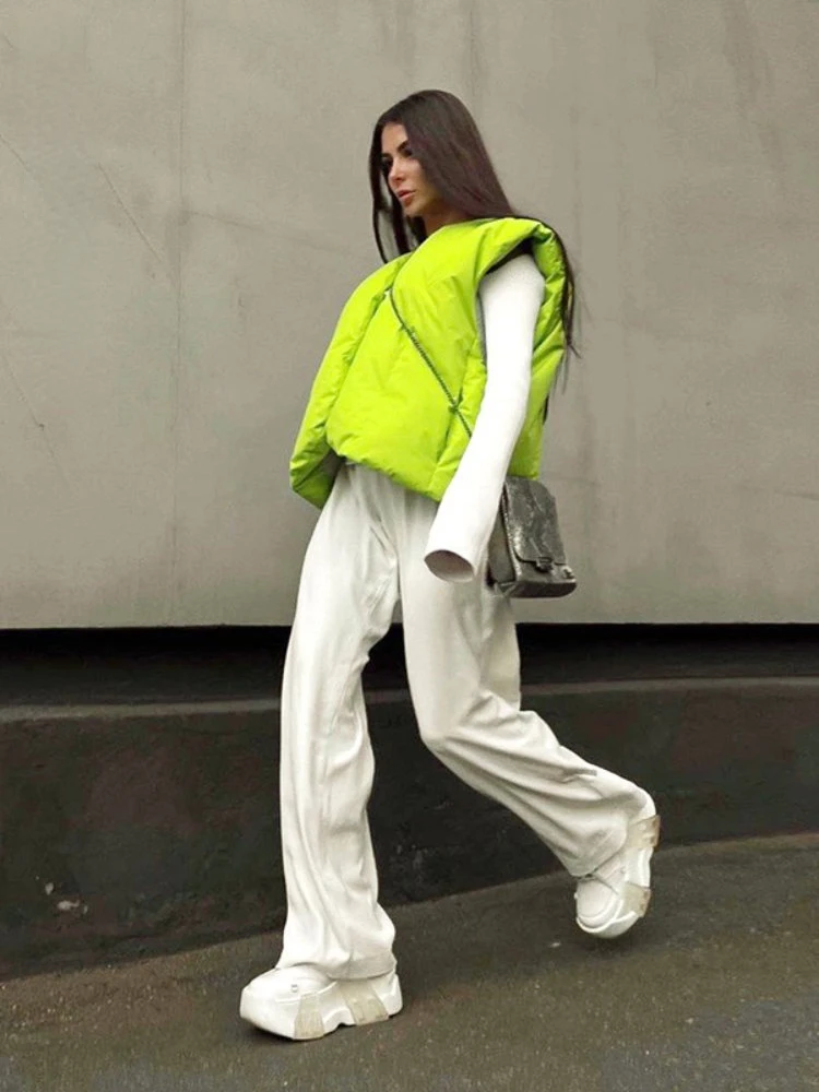 Autumn Winter Casual Neon Green Puffer Vest Bubble Jacket Women 2022 Fashion Sleeveless Button Up Ladies Warm Coats Streetwear