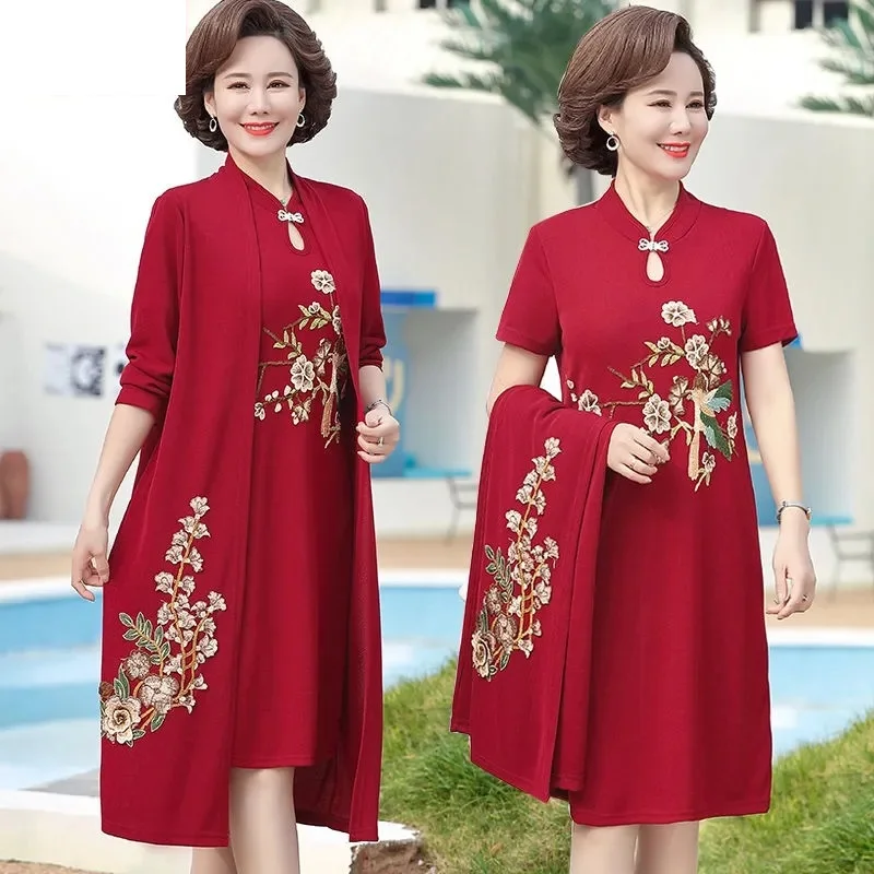

Women Dress Two Piece Suit Spring Fall Noble Elegant Cheongsam Dress Middle-aged Mother Embroidered Dress Set XL-5XL