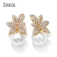 zakol korean fashion female crystal imitation pearls leaf stud earrings for women girls micro zircon charm bridal jewelry