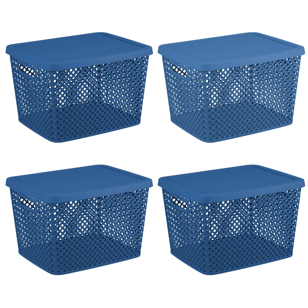 

Mainstays Extra Large Decorative Plastic Storage Basket w/Lid, Blue Cove