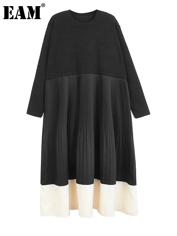 

[EAM] Women Black Color-block Pleated Long Big Size Dress New Round Neck Long Sleeve Loose Fashion Spring Autumn 2023 1DF2638