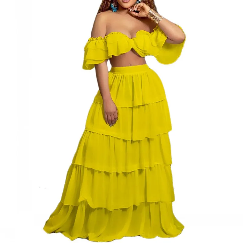 

African Long Skirt Clothes For Women 2 Piece Set Crop Top Outfits Summer New Cascading Ruffle Traditional African Party Clothing