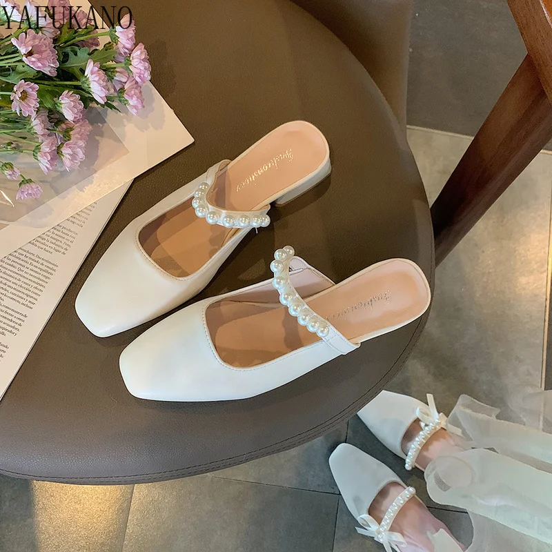 

Elegant String Bead Women Slippers Summer Fashion Retro French British Style Square Toe Mules Pumps Low Heel Chunky Heel Sandals