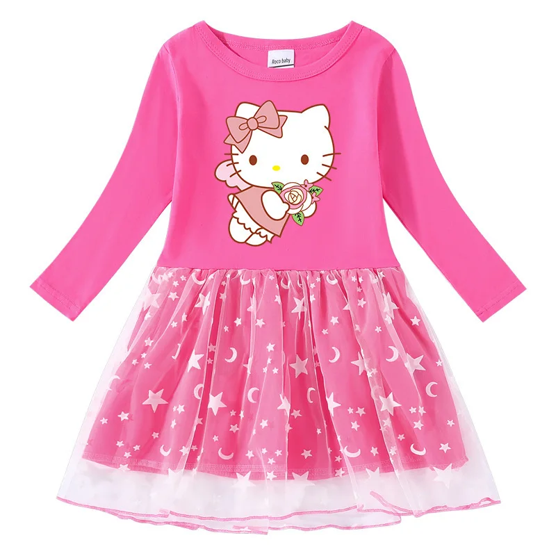 

Hello Kitty Children's Dress 2022 Spring and Autumn New Cotton Print Cartoon Star Moon Net Yarn Long Sleeve Girls Princess Dress