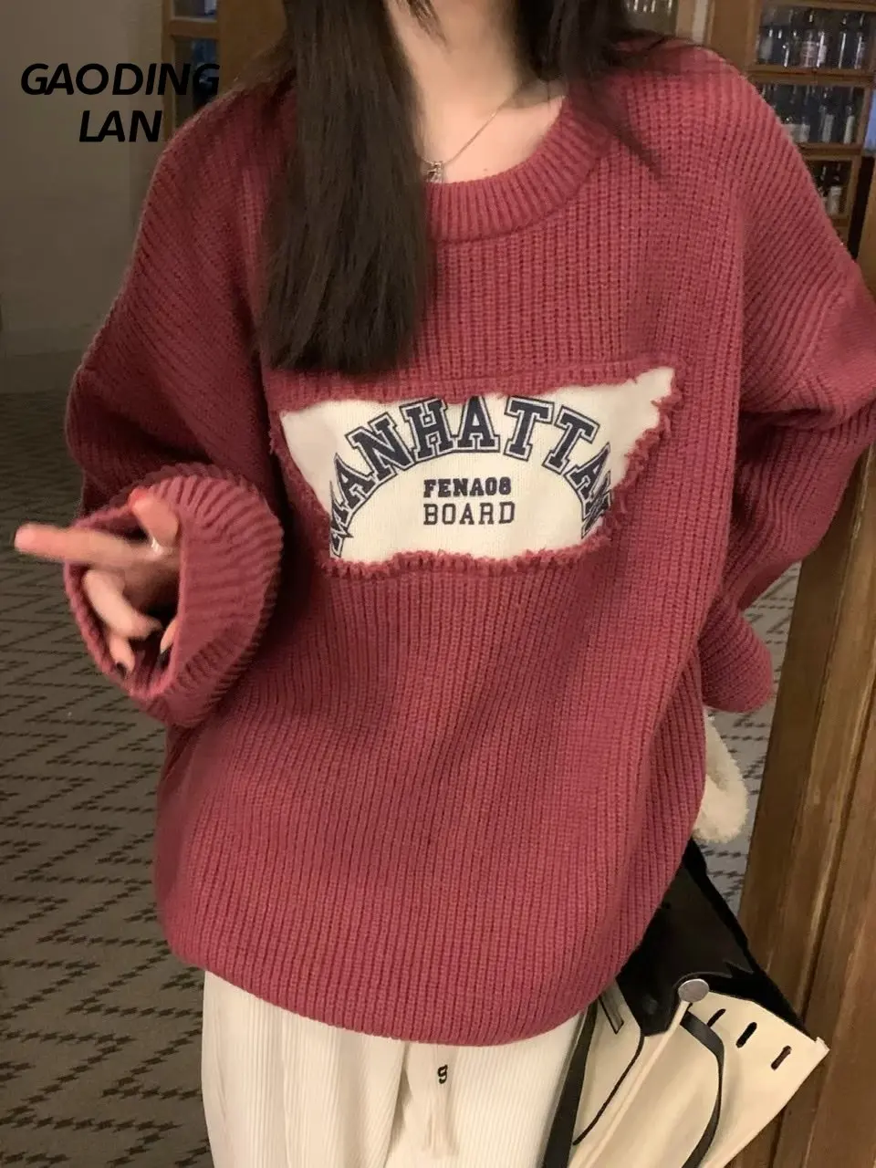 

Autumn Winter Korean Women Vintage High Street Letter Print Splicing Round Neck Sweater Versatile Large Size Loose Knit Pullover