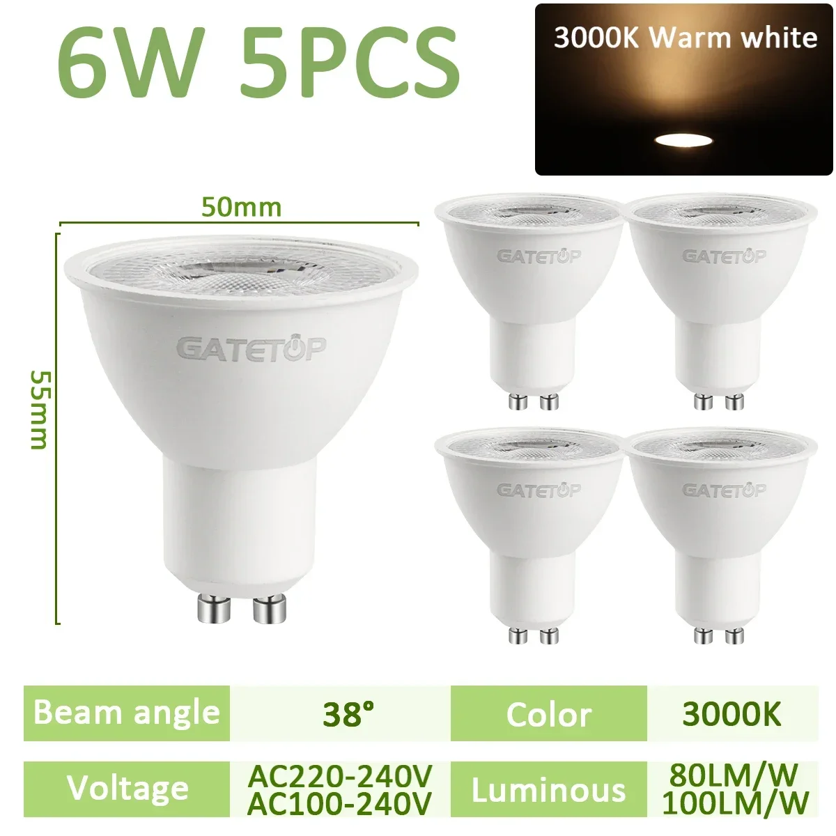 

Набор из 5 светодиодных ламп GU10 6 Вт теплый белый свет