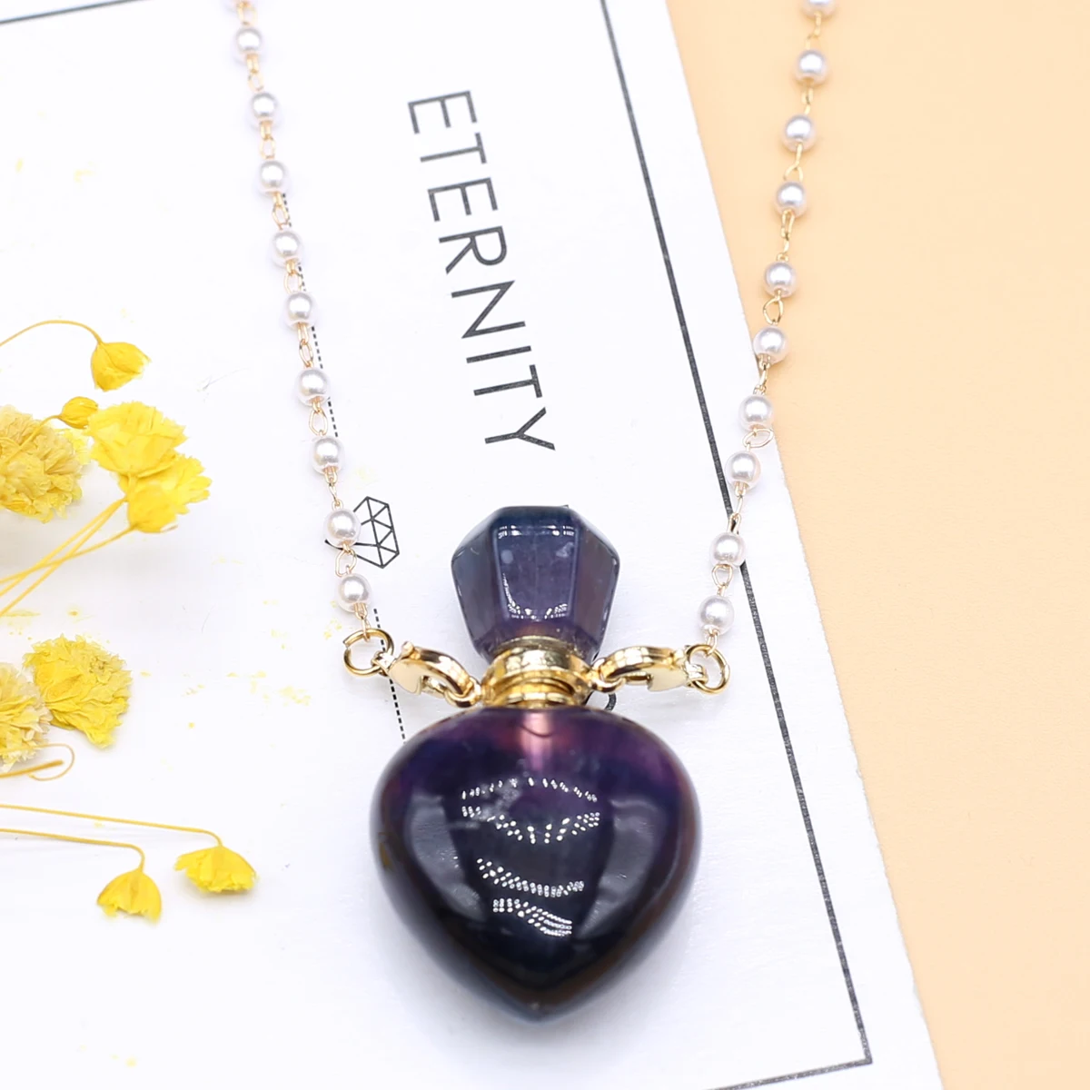 

Natural Fluorite Stone Perfume Bottle Pendants Necklace Pearl Chains Essential Oil Bottles for Women Jewerly