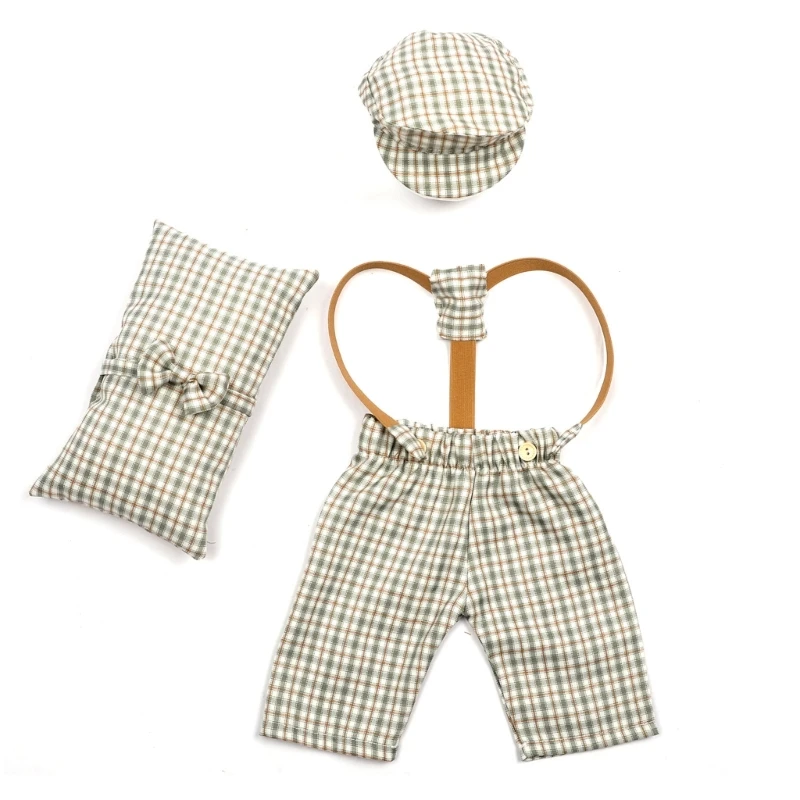

Baby Photography Props Vintage Uniform Cap Overalls Photo Outfit Newborns Photo Clothes Infant Posing Pillow 3Pcs Wholesale