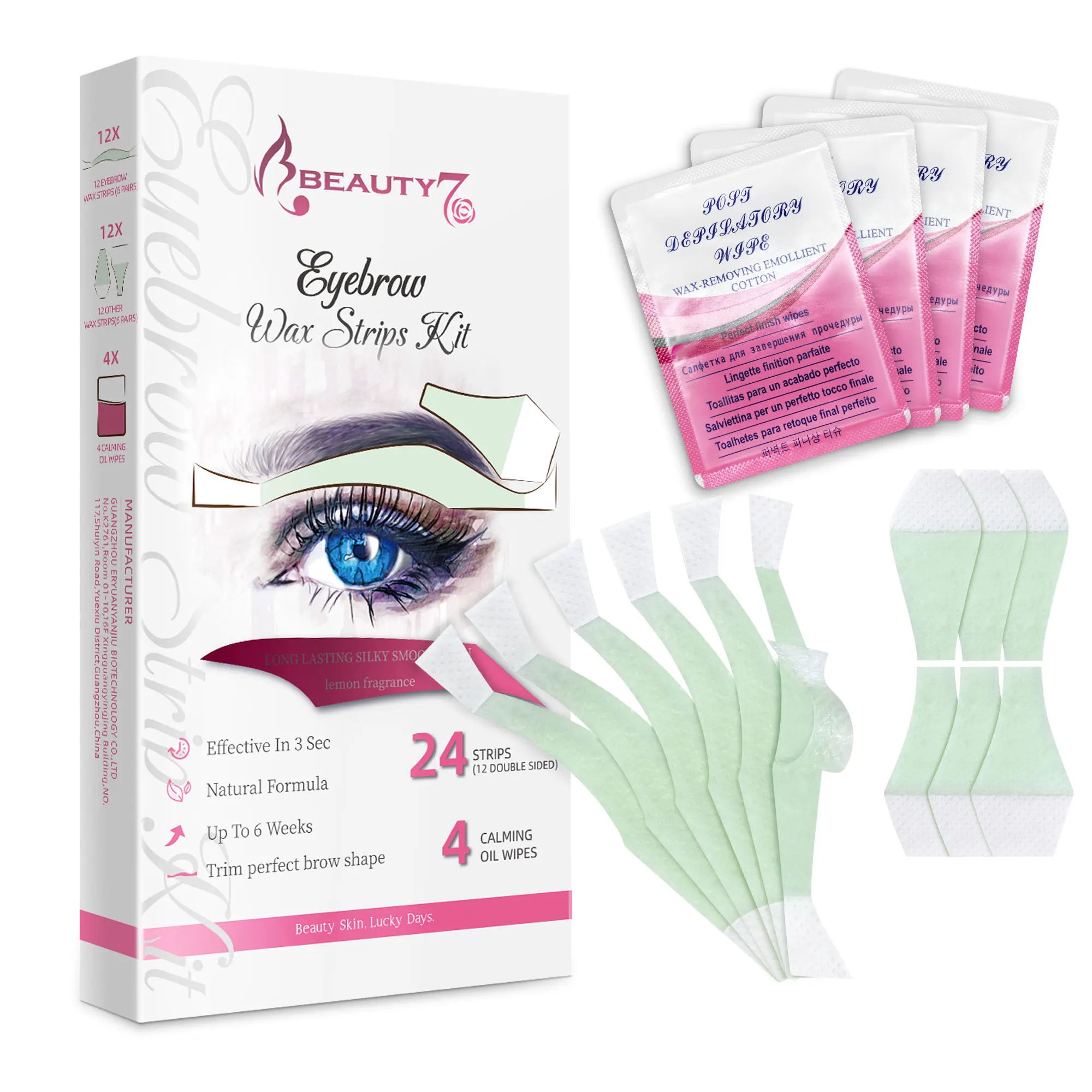 Beauty7 Eyebrow Wax Strips Kit Facial Wax Strips Hair Removal Eyebrow at Home 24 Strips 4 Calming Oil Wipes for Sensitive Skin