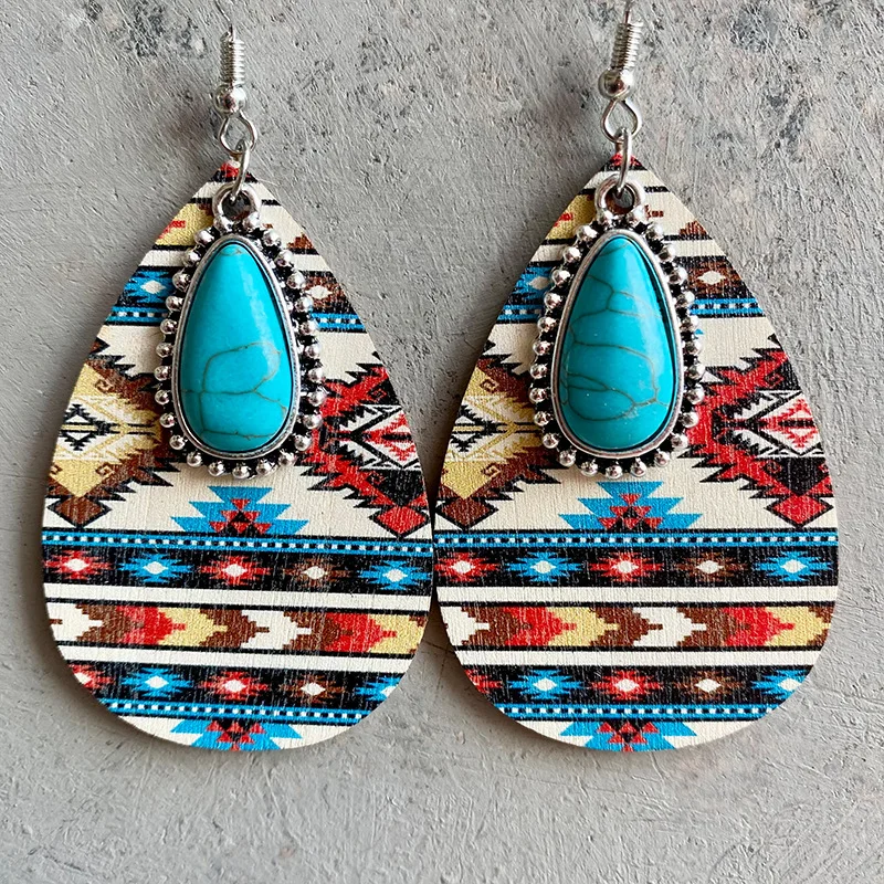 

Western United States Vintage National Earrings Fashion Blue Turquoise Pendant Jewelry Bohemian Water Drop Wood Earrings
