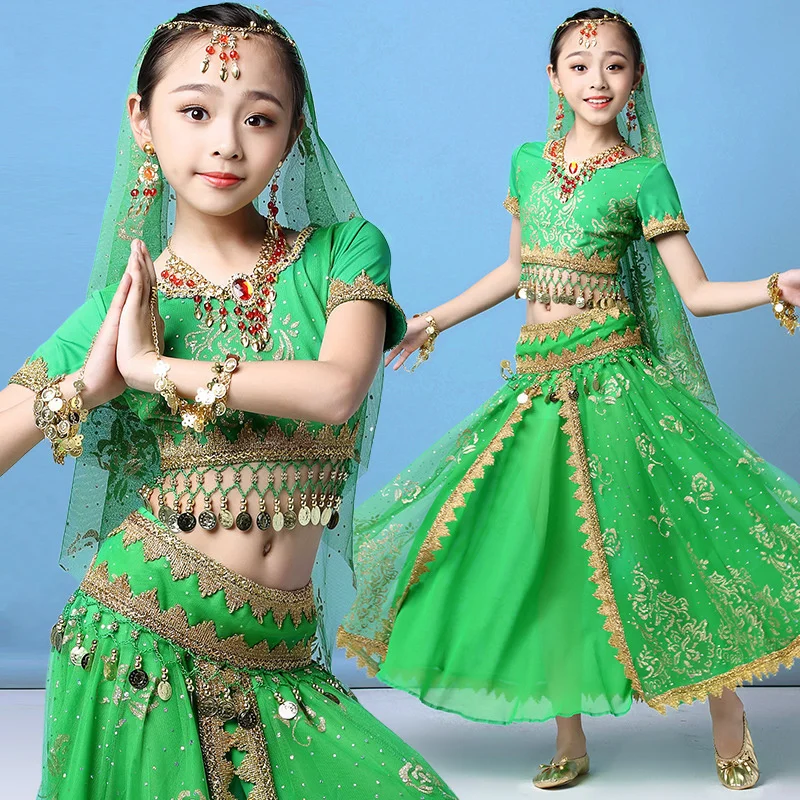 

Costume Set For Kid India Dance Dress Belly Dance Clothes Stage Performance Chiffon Suit 4Pcs/Set sari enfant girl
