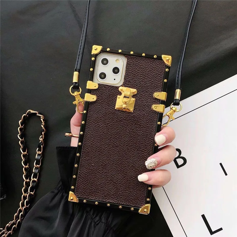 Luxury square leather With lanyard Phone Cases For iPhone 13 12 11 Pro Max Mini XR XS MAX 8 X 7 SE 2020 Back Cover