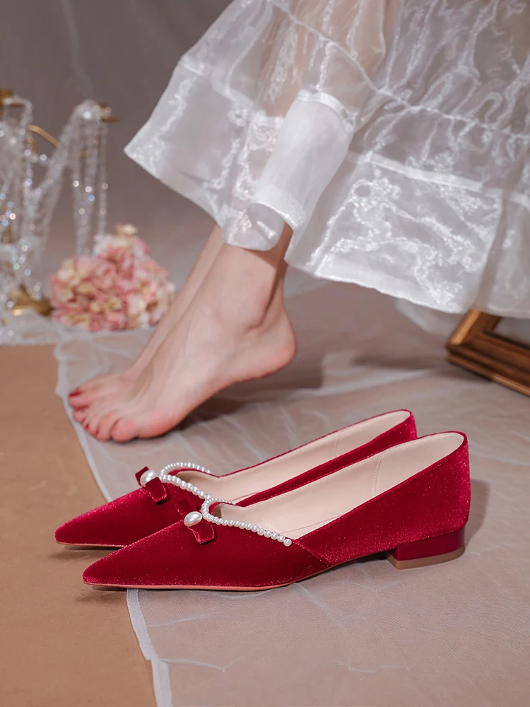 

Bride's Red Shoes Wedding Shoes Flat Bottomed Women's 2021 New Clothes Bride's Shoes Pregnant Women Feet Chinese Toast Shoes