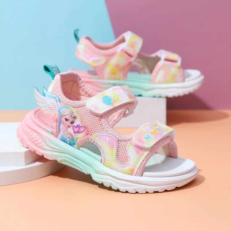 

Disney Children's Sandals Summer New Elsa Girls Mesh Beach Slippers Fashion Ins Frozen Princess Soft Bottom Light Sandals