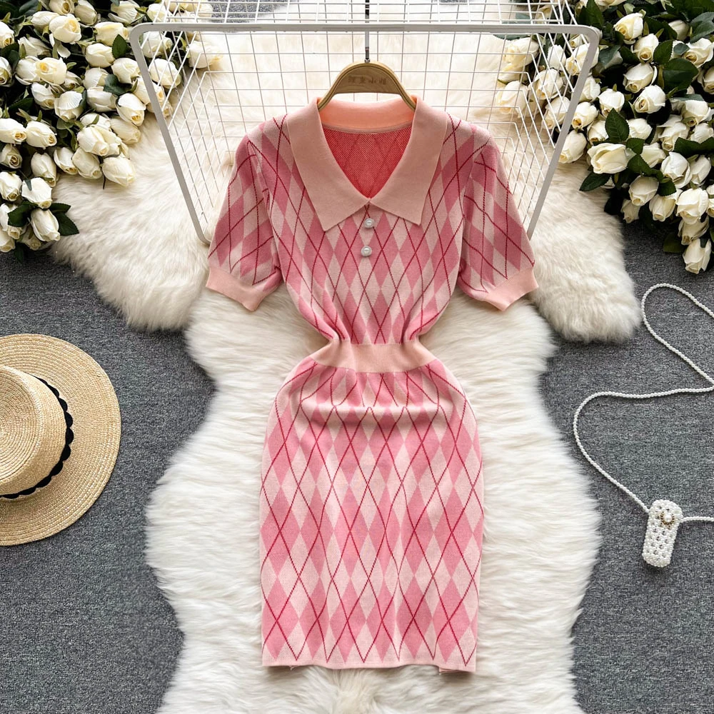 

Женское трикотажное платье в клетку, розовое повседневное элегантное облегающее платье мини с коротким рукавом, высокой талией и отложным ...