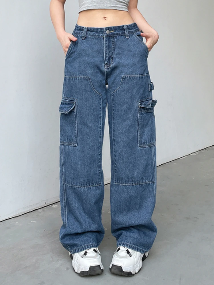 

WeiYao Blue Baggy Jeans Patchwork Stitch For Women Big Pockets Vintage 90s Denim Trousers Low Waist Wide Leg Casual Mom Pants
