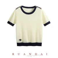ruandai ice silk hollow double shoulder button short sleeved t shirt 2022 summer new thin section letter knit top
