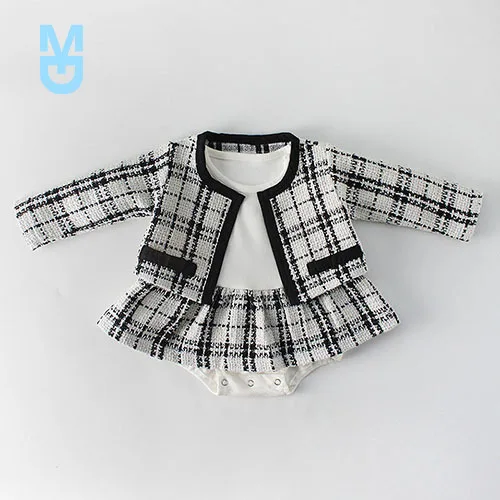 

New Spring Autumn Infant Baby Girls Clothing Suit Plaid Long Sleeve Cardigan+Dress Rompers Toddler Girls Clothing Sets