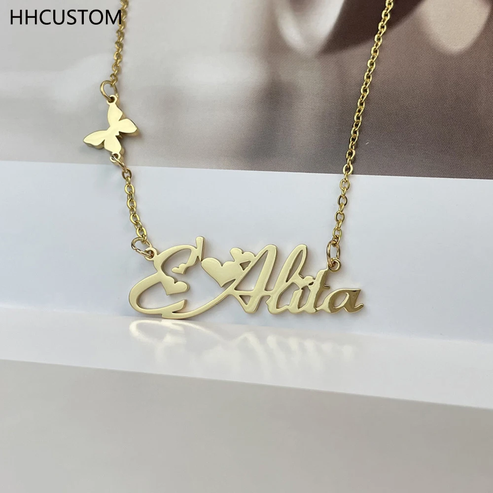 

HHCUSTOM Custom Butterfly Name Necklace Personality Stainless Steel Nameplate Pendant Choker For Women Jewelry Anniversary Gift