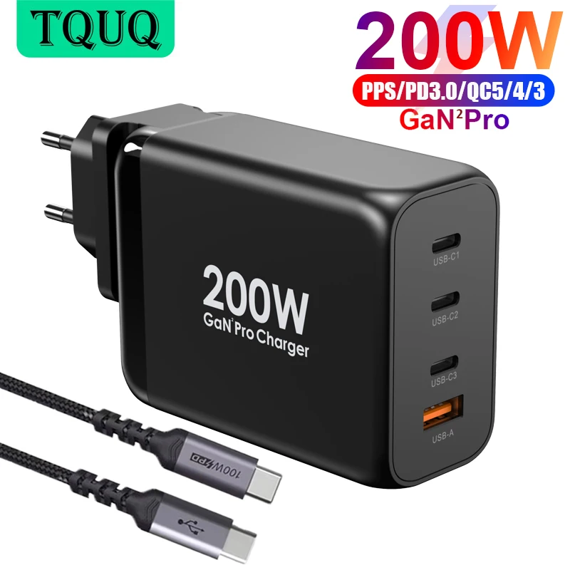 200W Wall Charger GaN Tech 100W USB-C PD3.0 PPS and 60W USB-A QC4.0+ Fast Charging For MacBook Lenovo Samsung S20 Note 10+ Phone