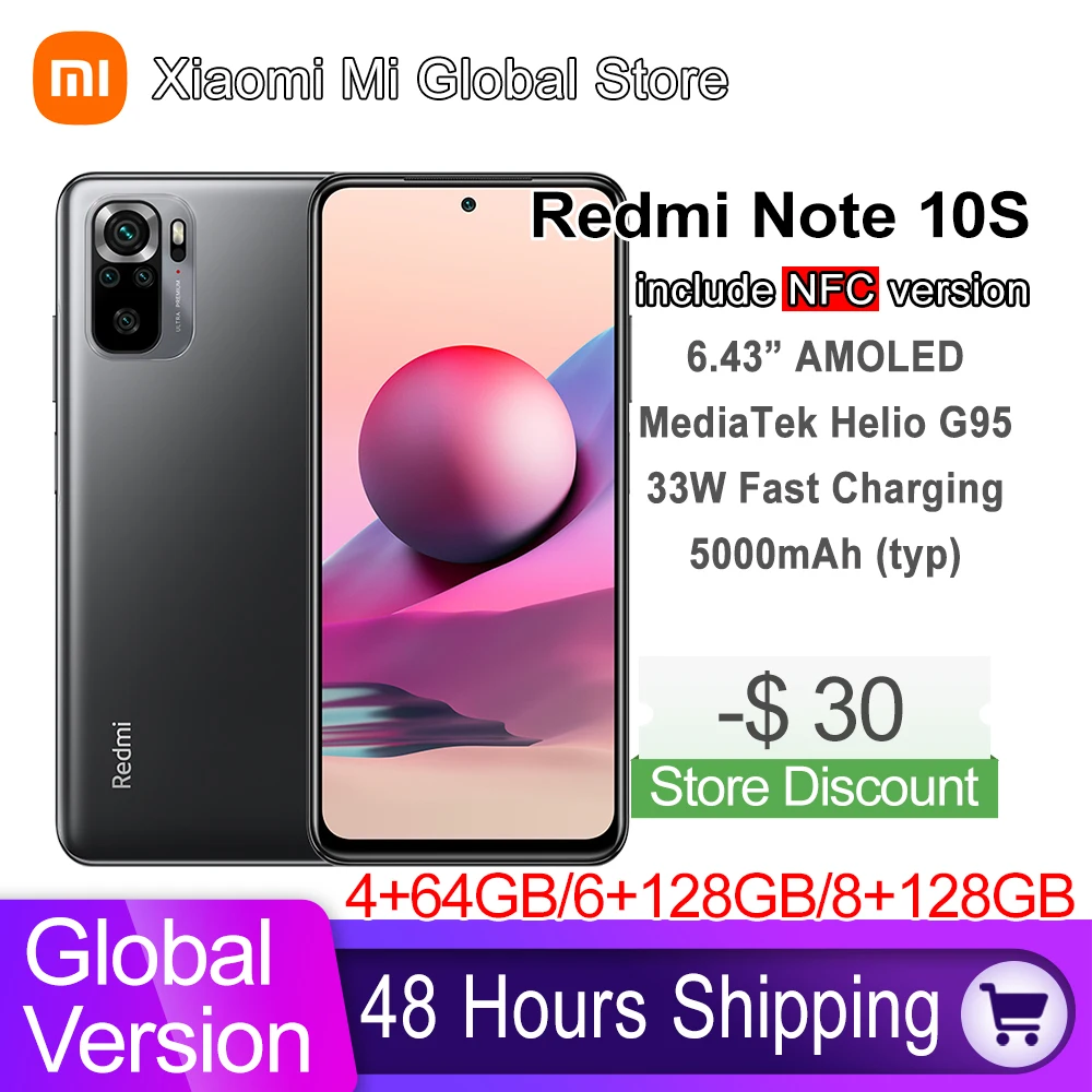 Global Version Xiaomi Redmi Note 10S Mobile 6GB 64/128GB Helio G95 Octa Core 64MP Camera 6.43 AMOLED DotDisplay 5000mAh Battery
