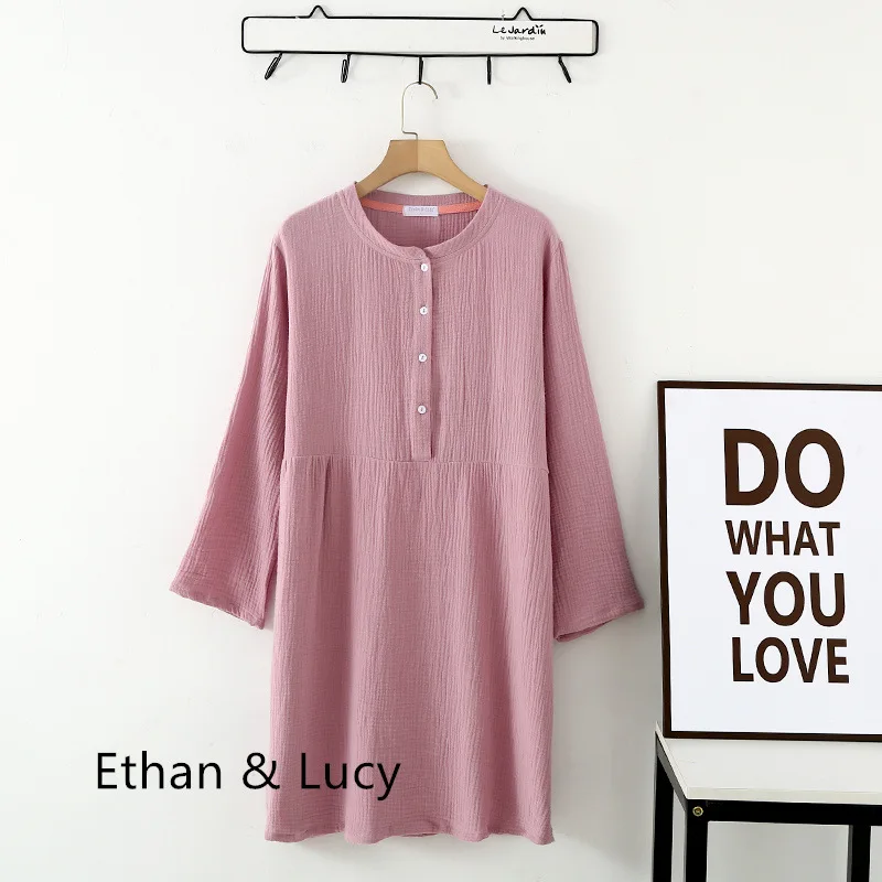 Ladies Cotton Yarn Round Neck Button Long Sleeve Nightdress Crepe Gauze Solid Nightgowns Loose and Soft Sleep Dress Home Skirt